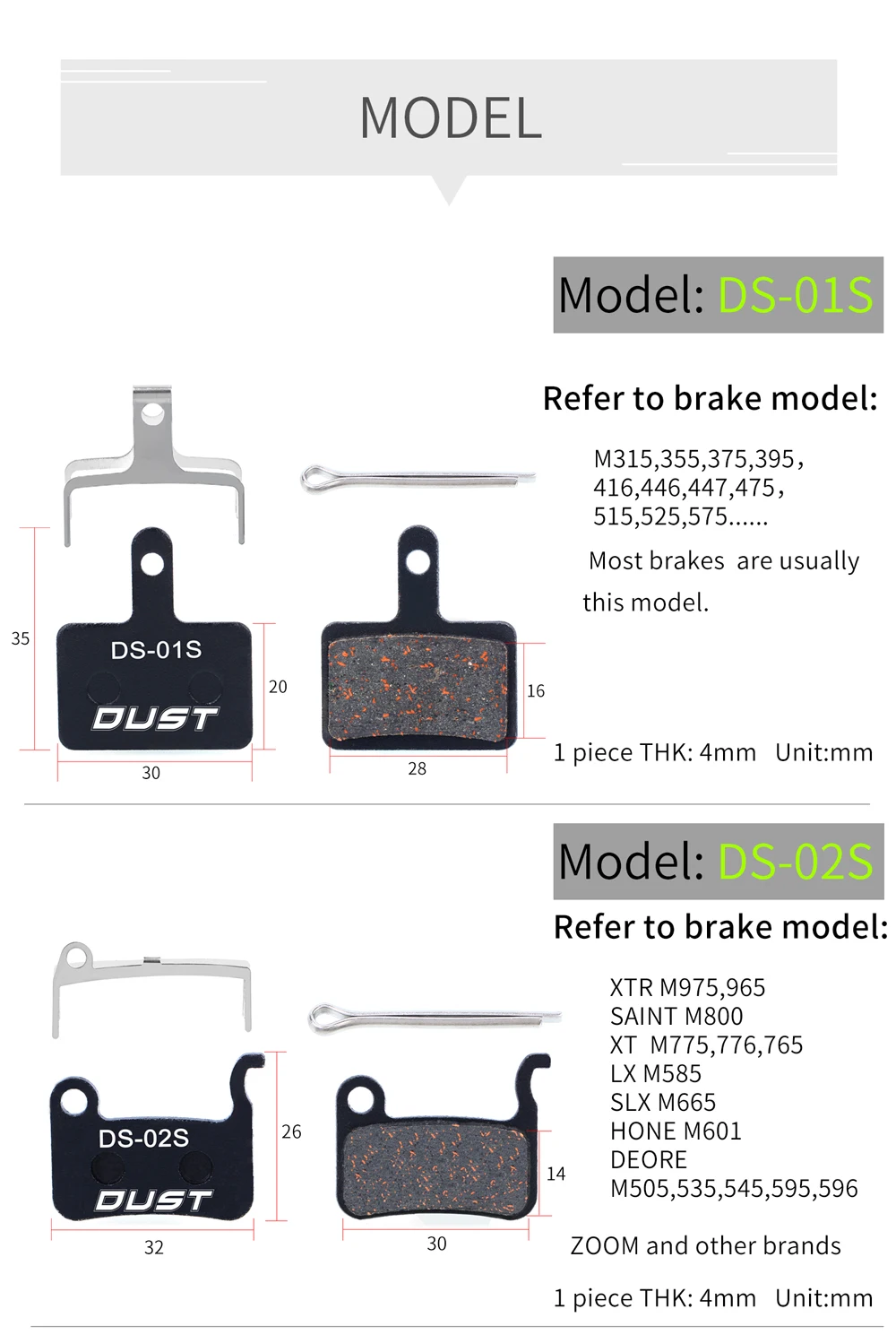 DUST 1 Set Semi-Metal Bicycle Hydraulic Disc Brake Pads MTB Mountain Bike Parts for SHIMANO XT XTR M315 SRAM Avid BB5 BB7 E1 E3