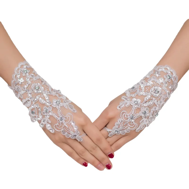 1 Pair White/Red/Beige Bridal Gloves Elegant Short Paragraph Rhinestone White Lace Glove Beautiful Wedding Accessories