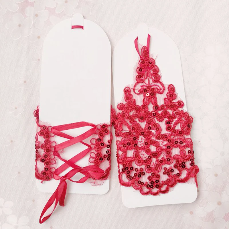 1 Pair White/Red/Beige Bridal Gloves Elegant Short Paragraph Rhinestone White Lace Glove Beautiful Wedding Accessories
