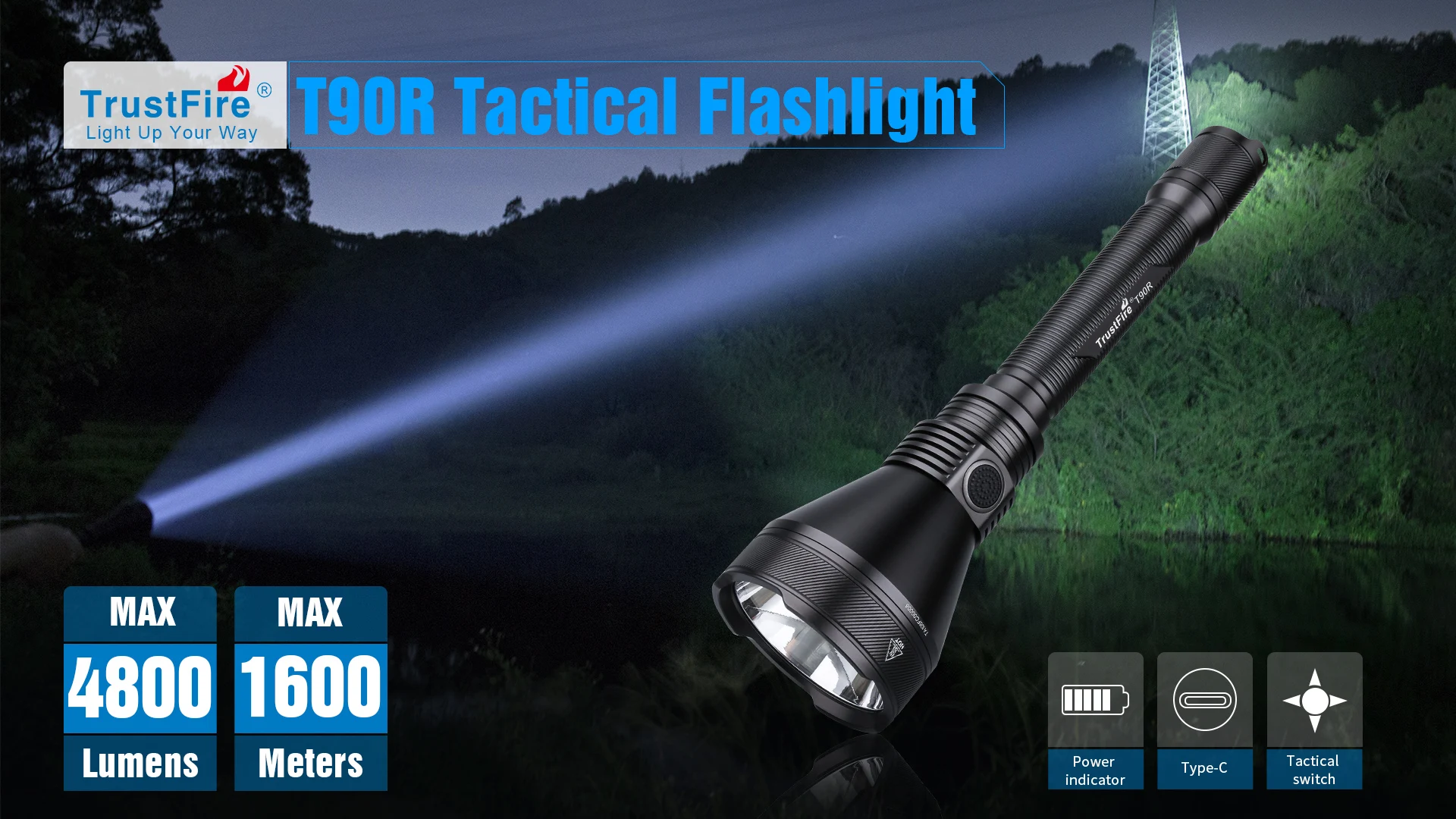 Trustfire T90R Tactical Powerful Flashlight 4800Lumens High Power Rechargeable Military Led Torch 1600M For Hunting Self-Defense