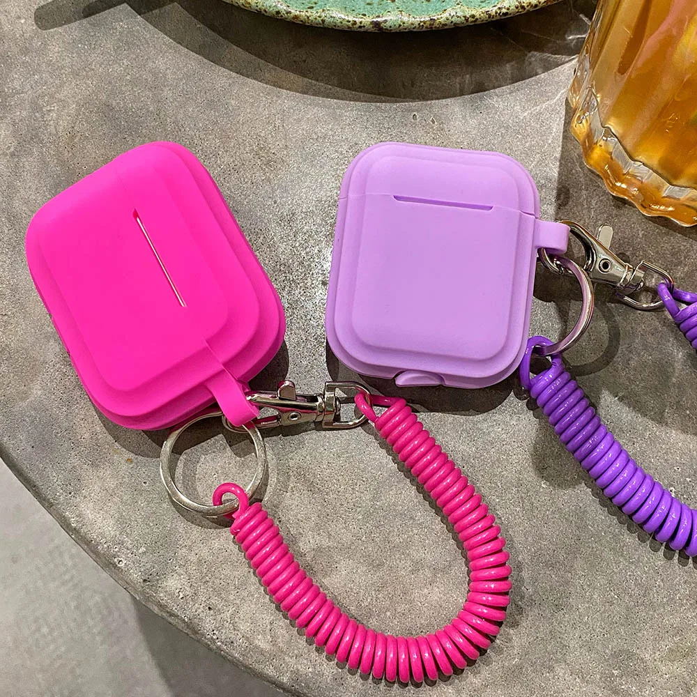 Case For Airpods 1/2/3/4 5 Silicone Solid Color Protective Earphone Cover For Apple Air Pods Pro 2 Spring Fexible Chain Keyring