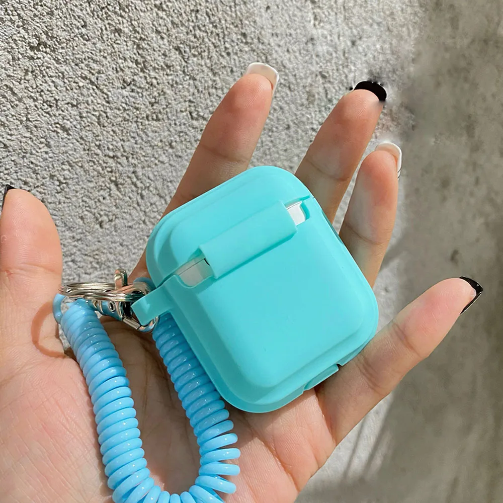Case For Airpods 1/2/3/4 5 Silicone Solid Color Protective Earphone Cover For Apple Air Pods Pro 2 Spring Fexible Chain Keyring