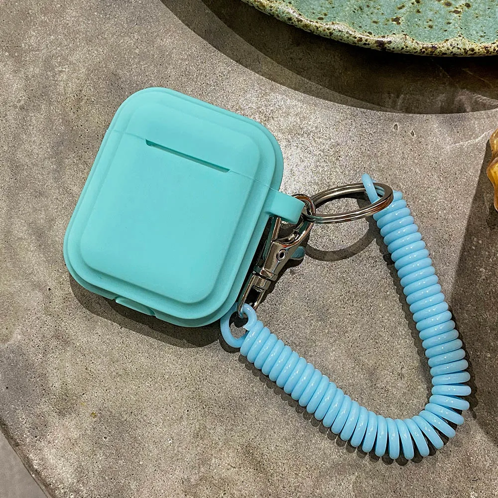 Case For Airpods 1/2/3/4 5 Silicone Solid Color Protective Earphone Cover For Apple Air Pods Pro 2 Spring Fexible Chain Keyring