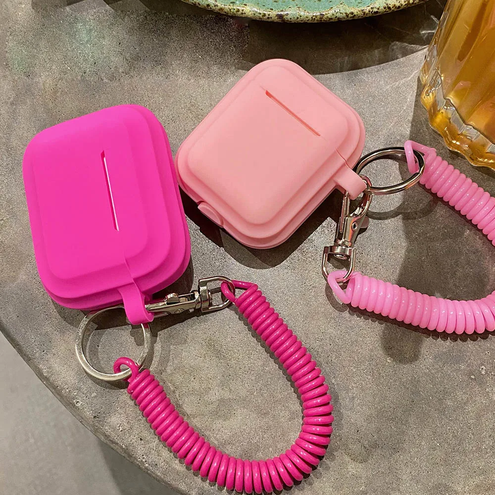 Case For Airpods 1/2/3/4 5 Silicone Solid Color Protective Earphone Cover For Apple Air Pods Pro 2 Spring Fexible Chain Keyring