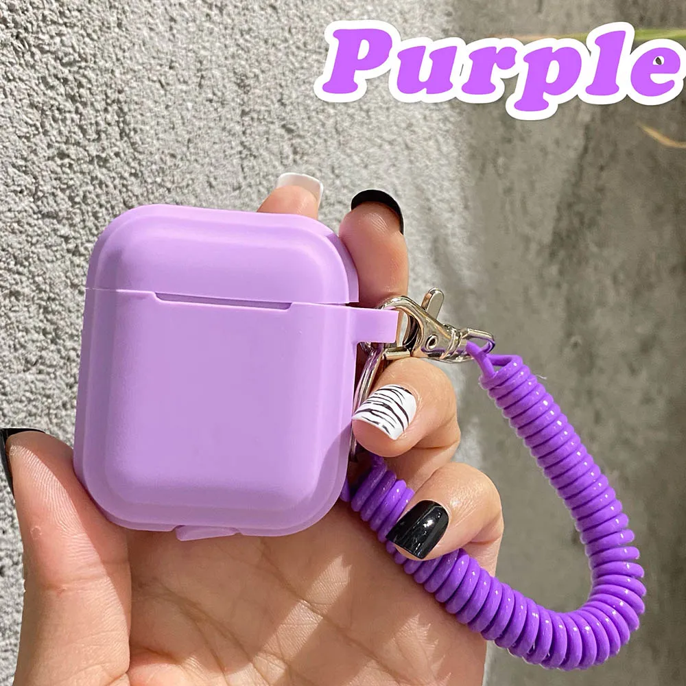 Case For Airpods 1/2/3/4 5 Silicone Solid Color Protective Earphone Cover For Apple Air Pods Pro 2 Spring Fexible Chain Keyring