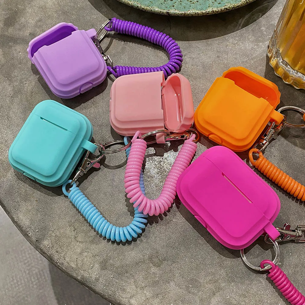 Case For Airpods 1/2/3/4 5 Silicone Solid Color Protective Earphone Cover For Apple Air Pods Pro 2 Spring Fexible Chain Keyring