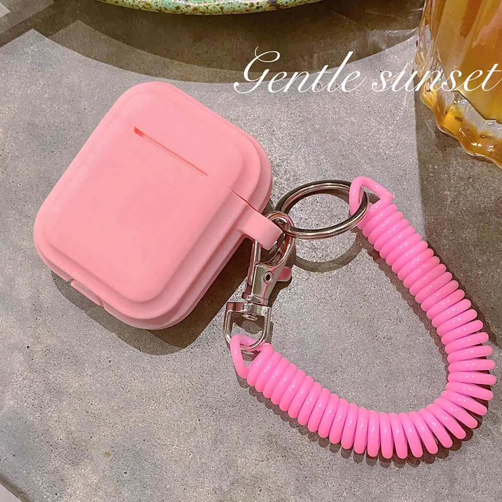 Case For Airpods 1/2/3/4 5 Silicone Solid Color Protective Earphone Cover For Apple Air Pods Pro 2 Spring Fexible Chain Keyring