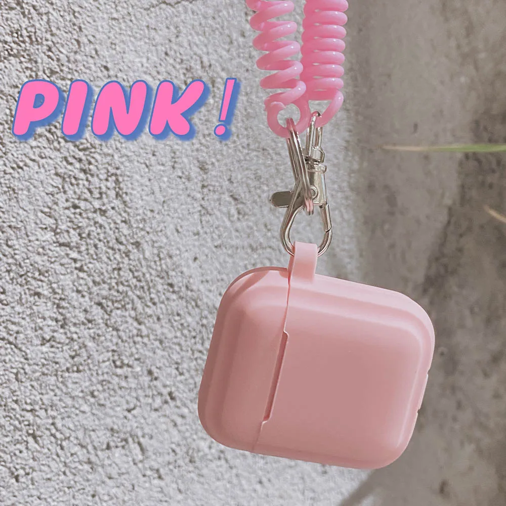 Case For Airpods 1/2/3/4 5 Silicone Solid Color Protective Earphone Cover For Apple Air Pods Pro 2 Spring Fexible Chain Keyring