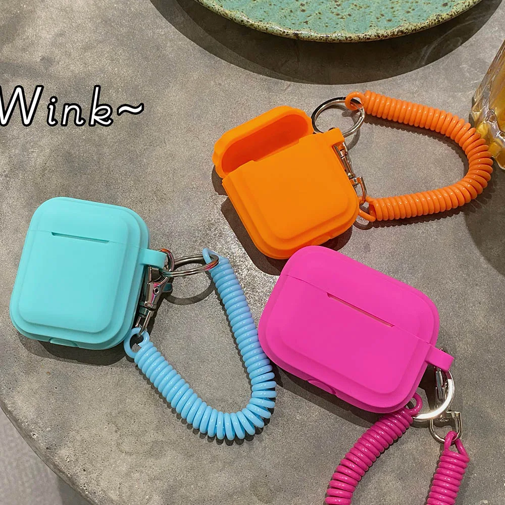 Case For Airpods 1/2/3/4 5 Silicone Solid Color Protective Earphone Cover For Apple Air Pods Pro 2 Spring Fexible Chain Keyring