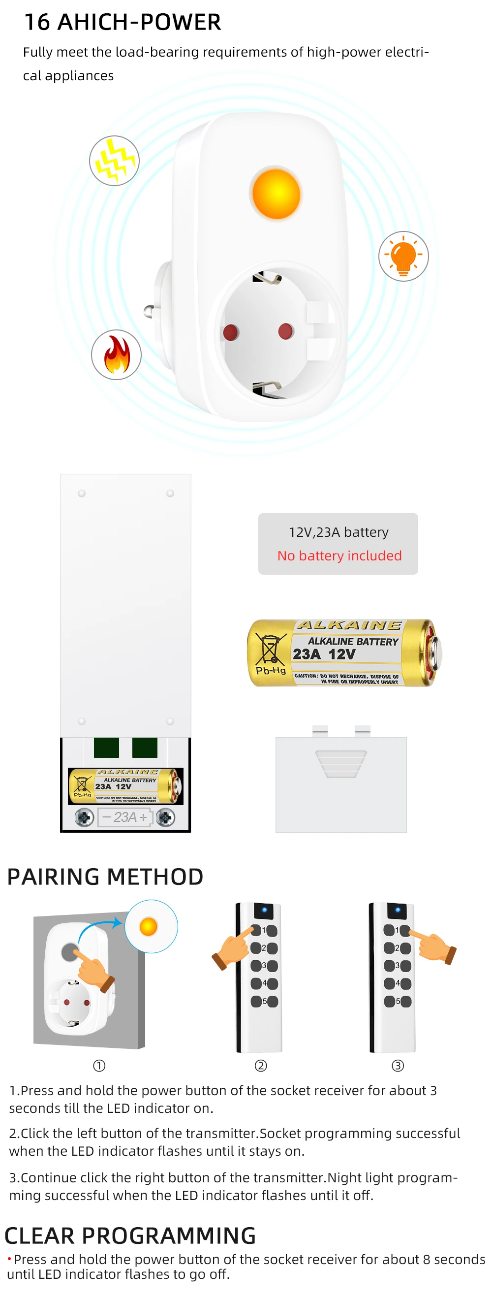 Smart Socket 16A EU French Power Plug 433Mhz Universal Remote Control Switch Controller 220V LED Programmable Electrical Outlets