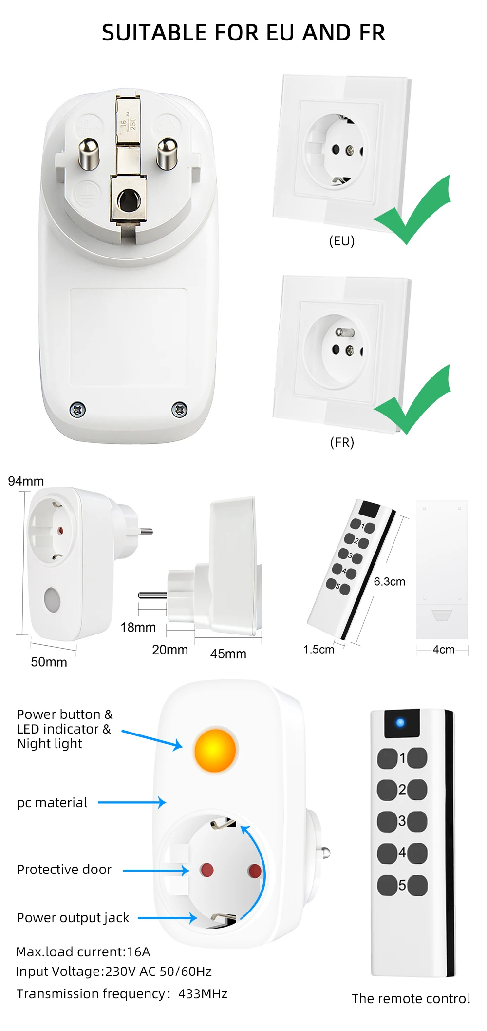 Smart Socket 16A EU French Power Plug 433Mhz Universal Remote Control Switch Controller 220V LED Programmable Electrical Outlets