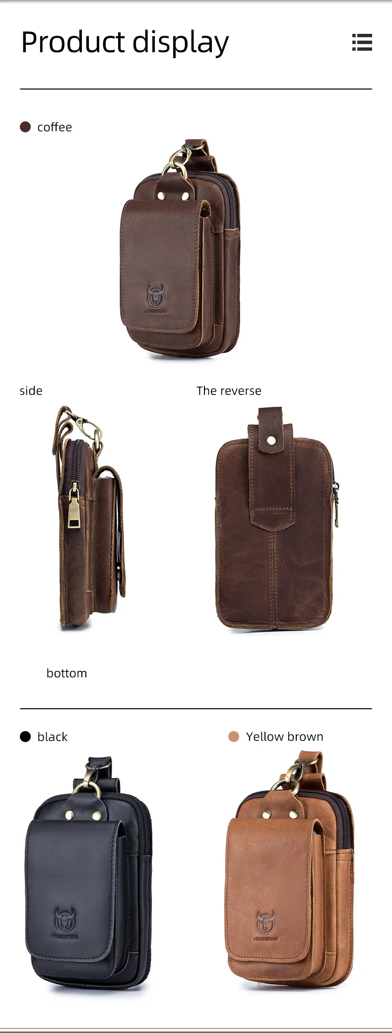 BULLCAPTAIN Fashion Quality Leather Small Summer Pouch Hook Design Waist Pack Bag Cigarette Case 6" Phone Pouch Waist Belt Bag