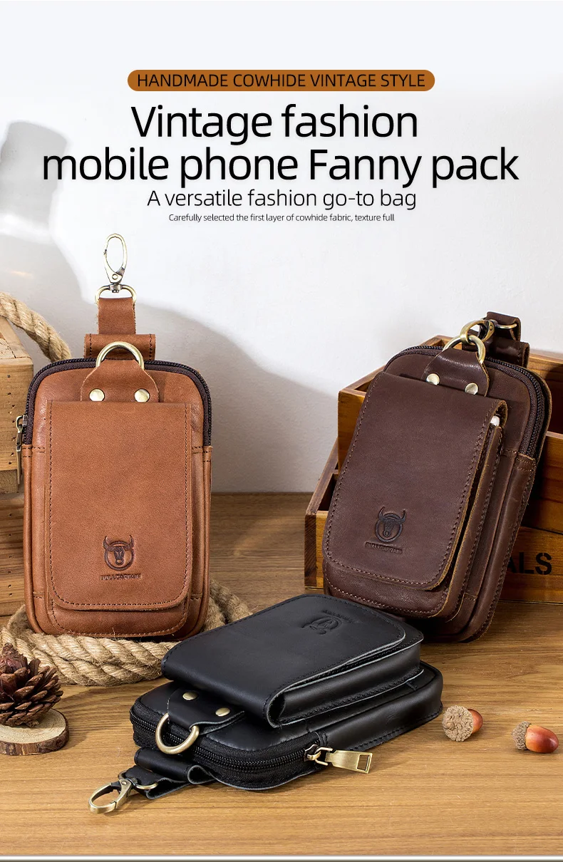 BULLCAPTAIN Fashion Quality Leather Small Summer Pouch Hook Design Waist Pack Bag Cigarette Case 6" Phone Pouch Waist Belt Bag