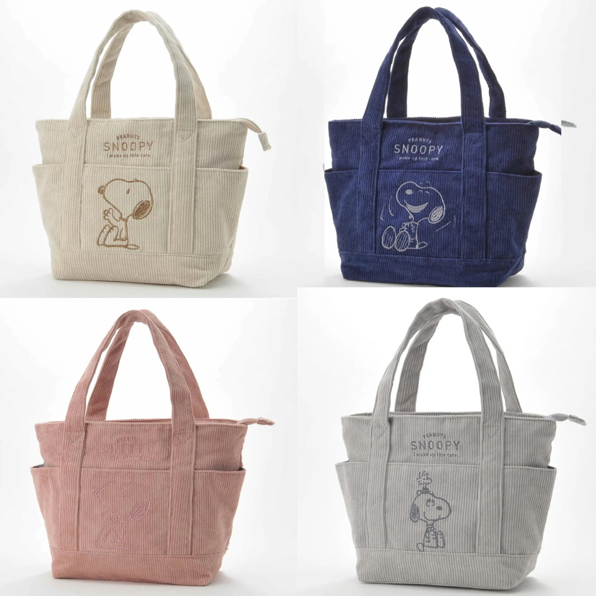 2026 New Peanuts Snoopy Corduroy Tote Bag for Women Embroidered Cartoon Handbag Beige Multi-pocket Bag Casual Daily Shopping Bag