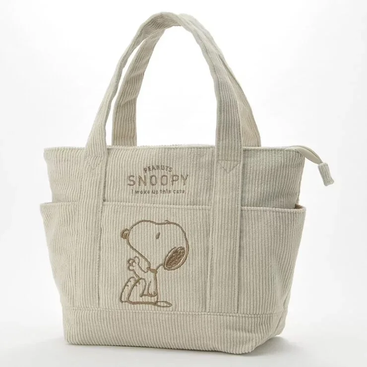 2026 New Peanuts Snoopy Corduroy Tote Bag for Women Embroidered Cartoon Handbag Beige Multi-pocket Bag Casual Daily Shopping Bag