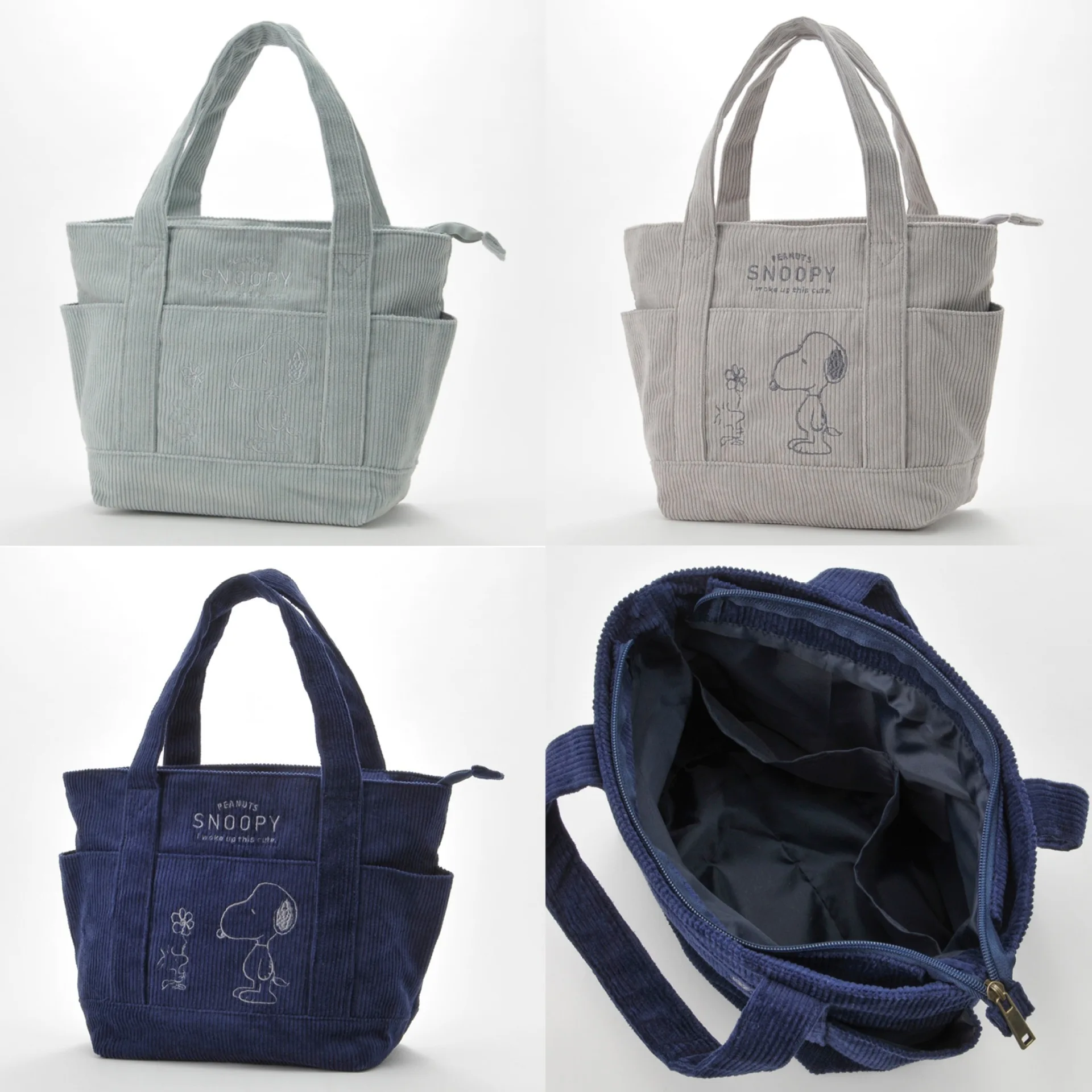 2026 New Peanuts Snoopy Corduroy Tote Bag for Women Embroidered Cartoon Handbag Beige Multi-pocket Bag Casual Daily Shopping Bag