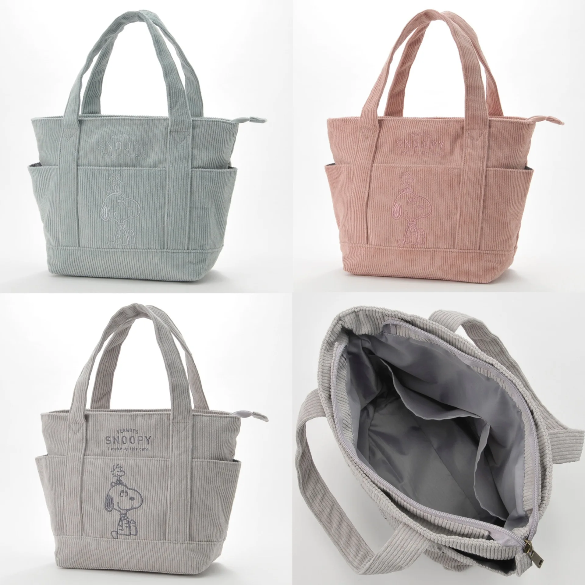 2026 New Peanuts Snoopy Corduroy Tote Bag for Women Embroidered Cartoon Handbag Beige Multi-pocket Bag Casual Daily Shopping Bag