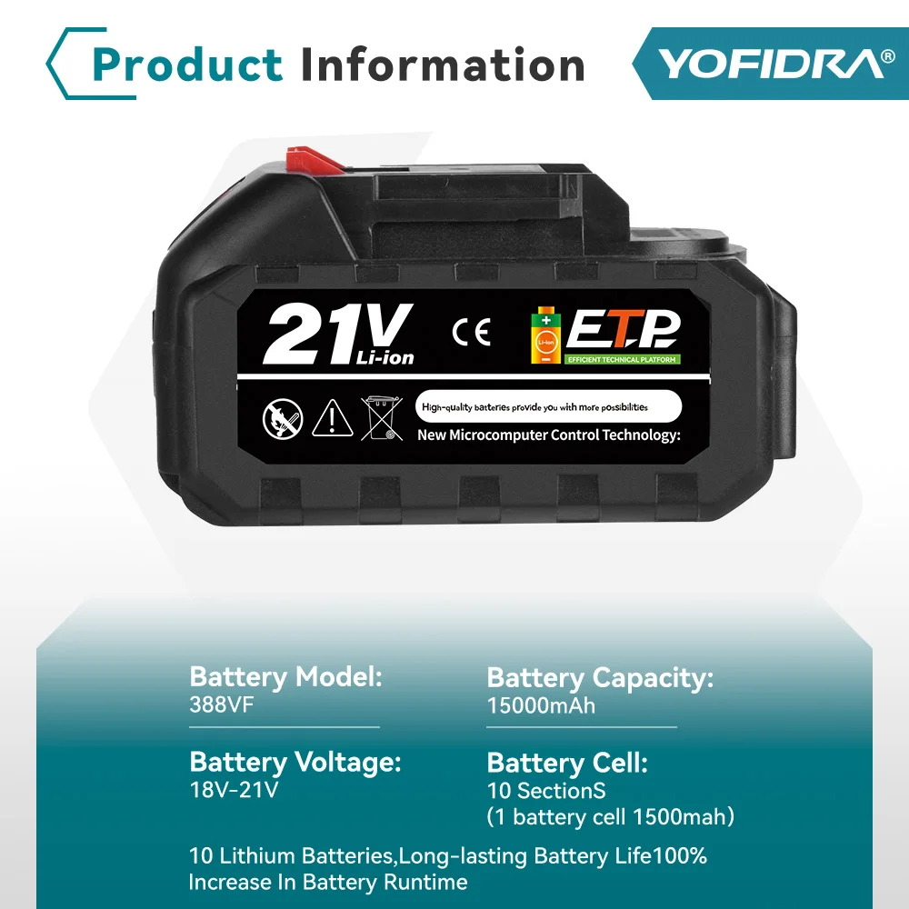 Yofidra 18-20V Rechargeable Lithium Battery EU Plug for Brushless Chainsaw Drill Electric Wrench For Makita 18V Battery Pin
