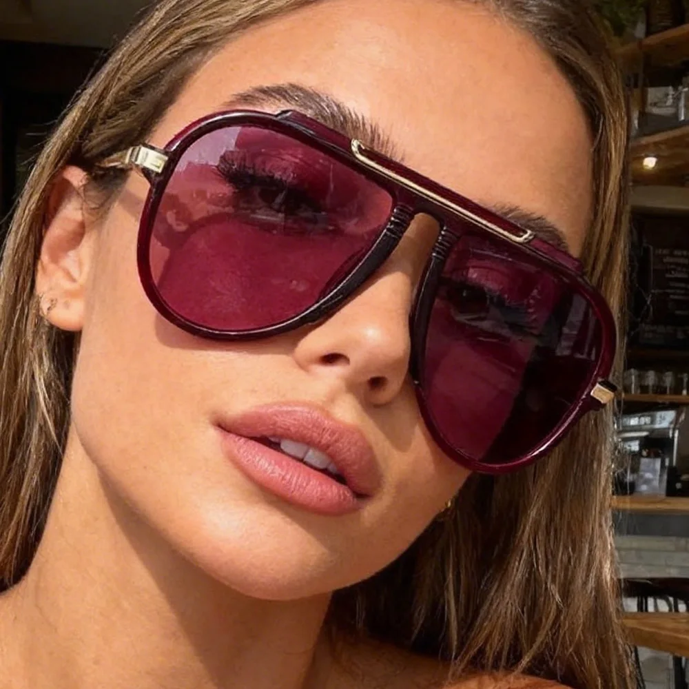 New Alloy Oversized Pilot Women Sunglasses Vintage Gradient Red Sun Glasses Ladies Trendy Oval Shades UV400 Men Trending Eyewear