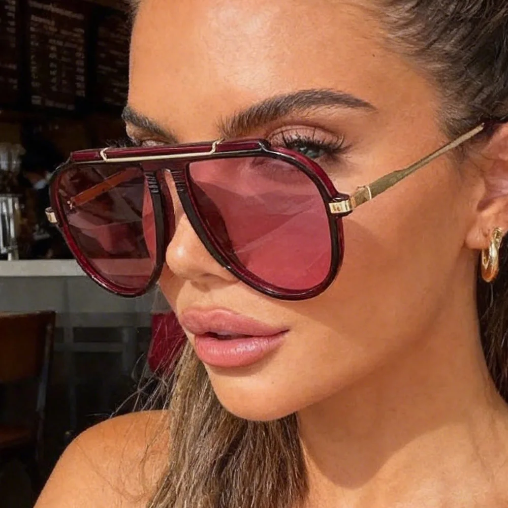 New Alloy Oversized Pilot Women Sunglasses Vintage Gradient Red Sun Glasses Ladies Trendy Oval Shades UV400 Men Trending Eyewear