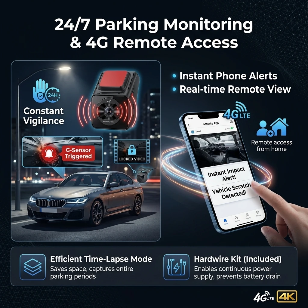 4G SIM Dash Cam GPS 4K+1080P Dual Footage Remote Live Streaming 24H Parking Monitor Car Road Camera Video Recorder WiFi Hotspot