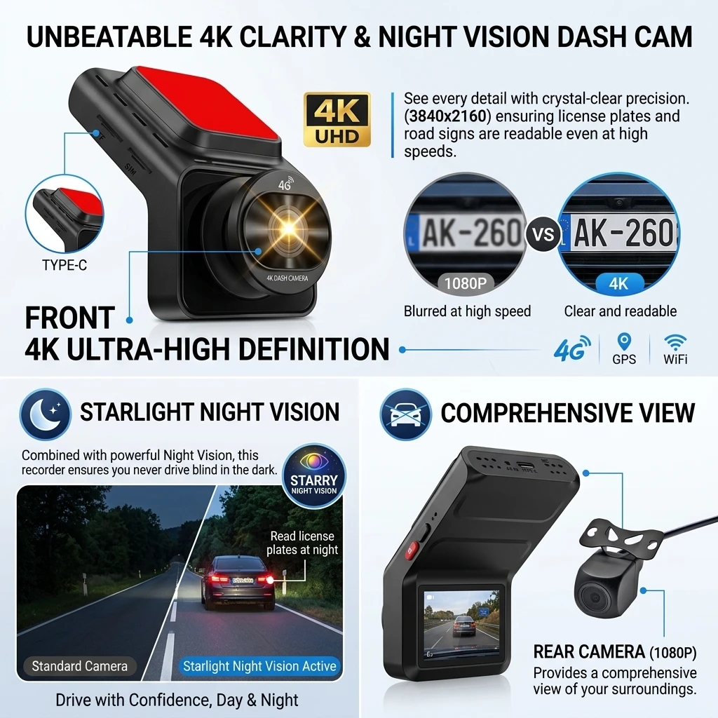 4G SIM Dash Cam GPS 4K+1080P Dual Footage Remote Live Streaming 24H Parking Monitor Car Road Camera Video Recorder WiFi Hotspot