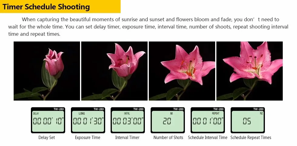 Pixel TW-283 Wireless Timer Remote Control Shutter Release (DC0 DC2 N3 E3 S1 S2) Cable For Canon Nikon Sony Camera TW283 VS RC-6
