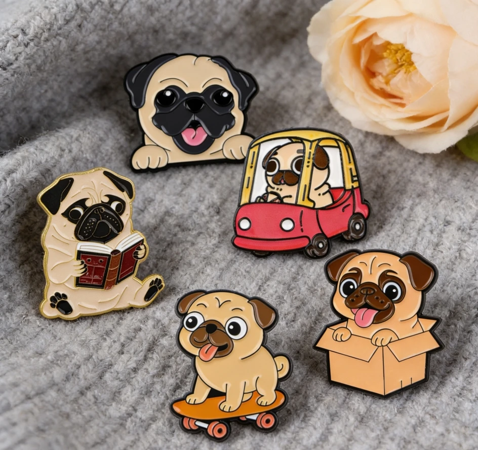 5pcs/set Naughty Pug Enamel Pins Pet Metal Brooch Backpack Hat Bag Collar Lapel Badges Men Women Fashion Jewelry Collection Gift