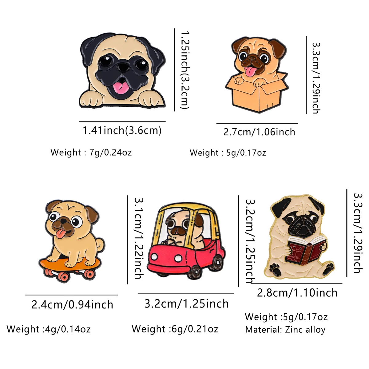 5pcs/set Naughty Pug Enamel Pins Pet Metal Brooch Backpack Hat Bag Collar Lapel Badges Men Women Fashion Jewelry Collection Gift