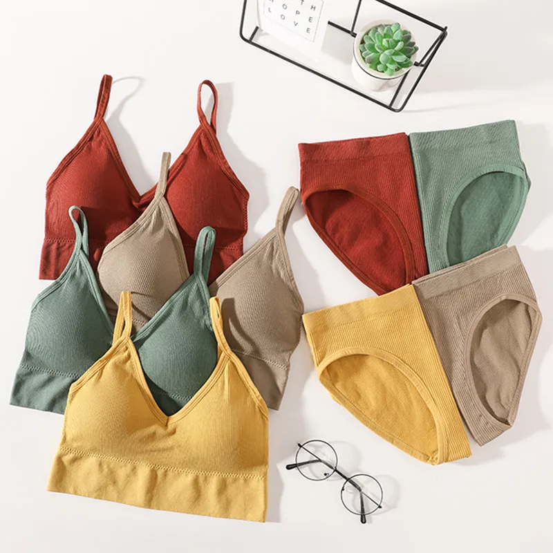 Women Low Back Bra And Panties Set Seamless Push Up Bra Crop Top Low Rise Briefs Ribbed Underwear Sexy Lingerie Set