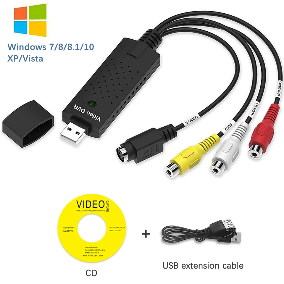 USB Video Capture Card Easy Cap VHS VCR Mini DV Hi8 DVD to Digital Converter RCA/S-video to USB 2.0 Audio Video Record Capture
