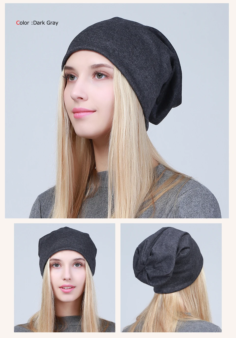 Geebro Women's Plain Beanie Hat Spring Cotton Slouchy Beanie for Women Knitted Bone Hat Ladies Black Skullies Cap JS293A