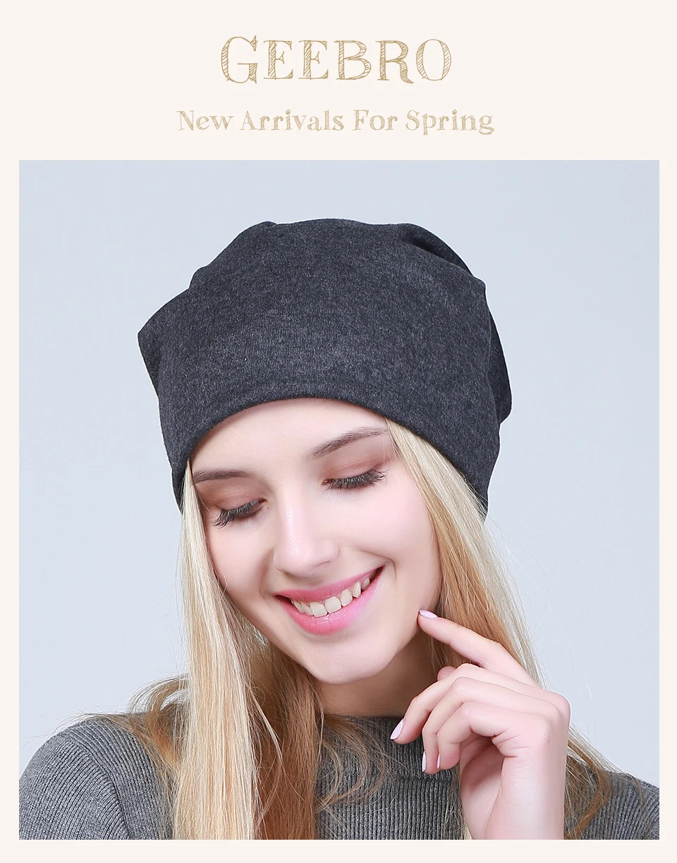 Geebro Women's Plain Beanie Hat Spring Cotton Slouchy Beanie for Women Knitted Bone Hat Ladies Black Skullies Cap JS293A