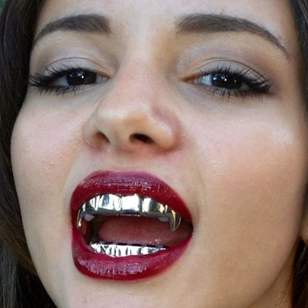 TOPGRILLZ New Fit Rose Gold Color Plated Hip Hop Teeth Grillz Caps Top&Bottom Grill Set for Christmas Party Vampire Tooth Grillz