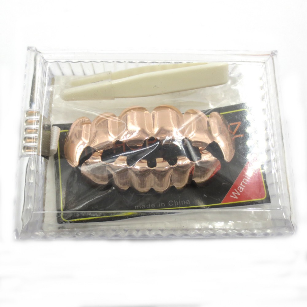TOPGRILLZ New Fit Rose Gold Color Plated Hip Hop Teeth Grillz Caps Top&Bottom Grill Set for Christmas Party Vampire Tooth Grillz