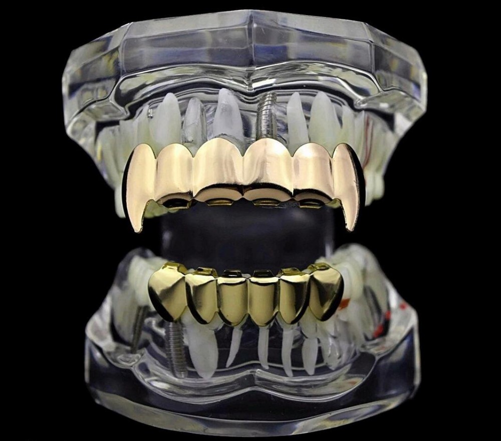 TOPGRILLZ New Fit Rose Gold Color Plated Hip Hop Teeth Grillz Caps Top&Bottom Grill Set for Christmas Party Vampire Tooth Grillz