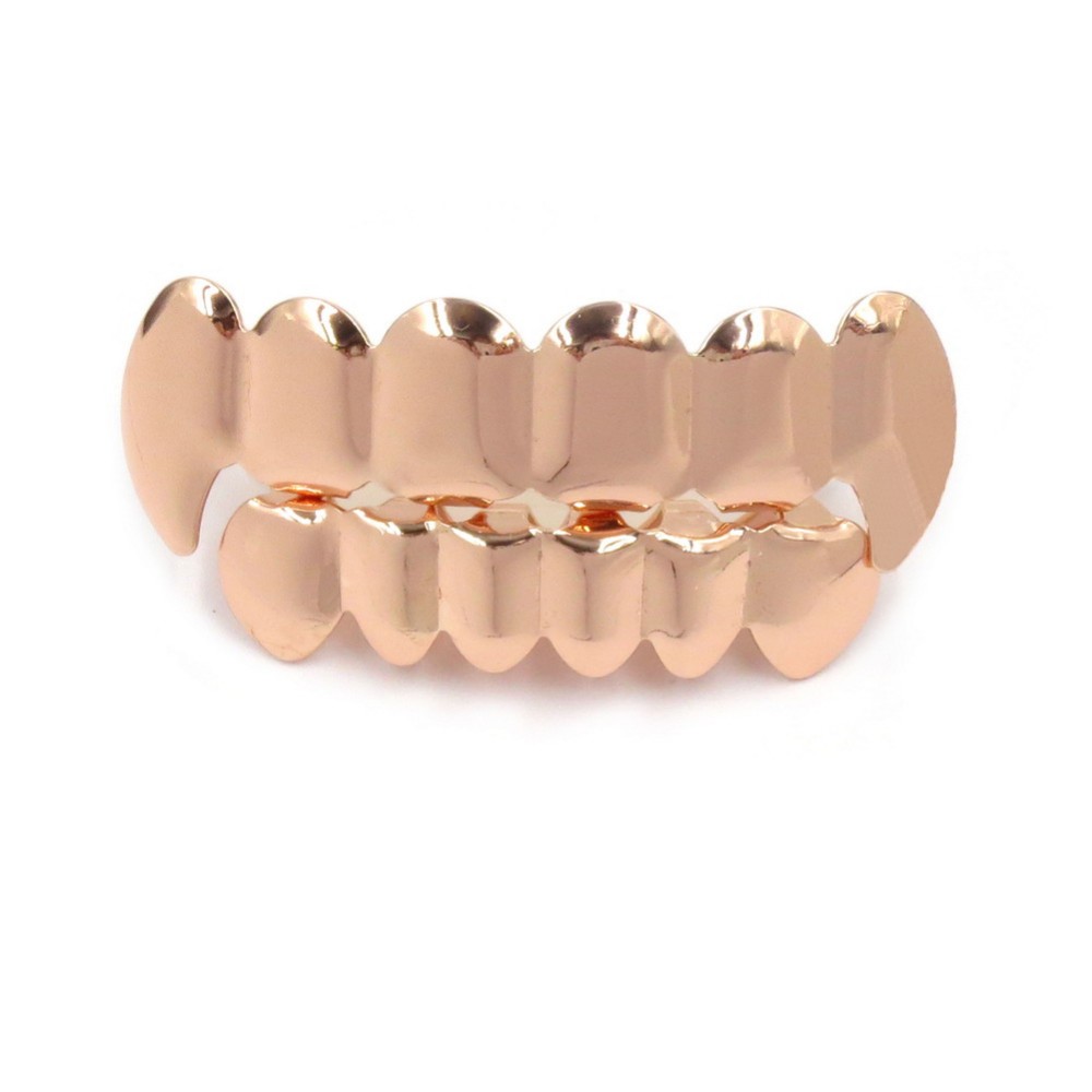 TOPGRILLZ New Fit Rose Gold Color Plated Hip Hop Teeth Grillz Caps Top&Bottom Grill Set for Christmas Party Vampire Tooth Grillz