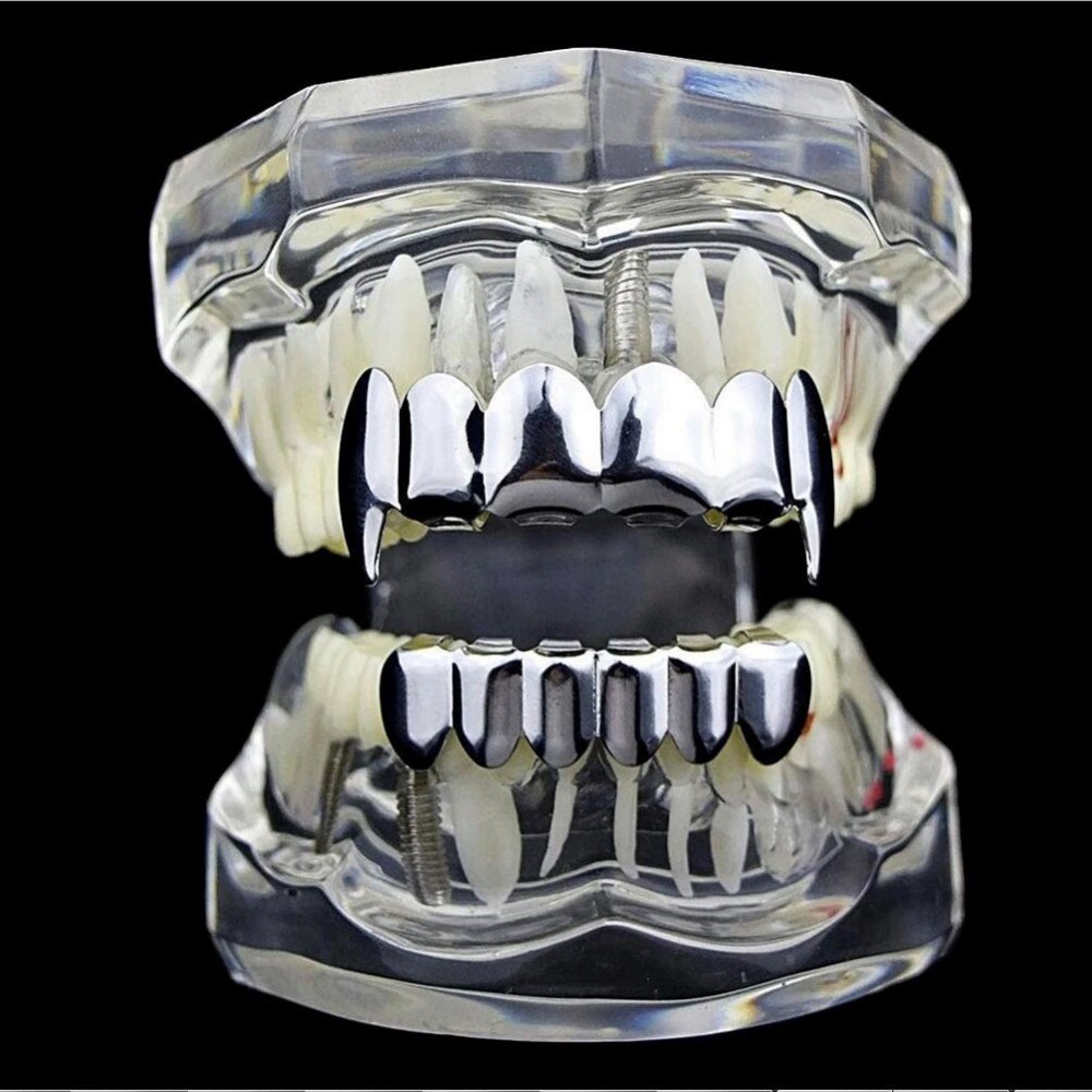 TOPGRILLZ New Fit Rose Gold Color Plated Hip Hop Teeth Grillz Caps Top&Bottom Grill Set for Christmas Party Vampire Tooth Grillz