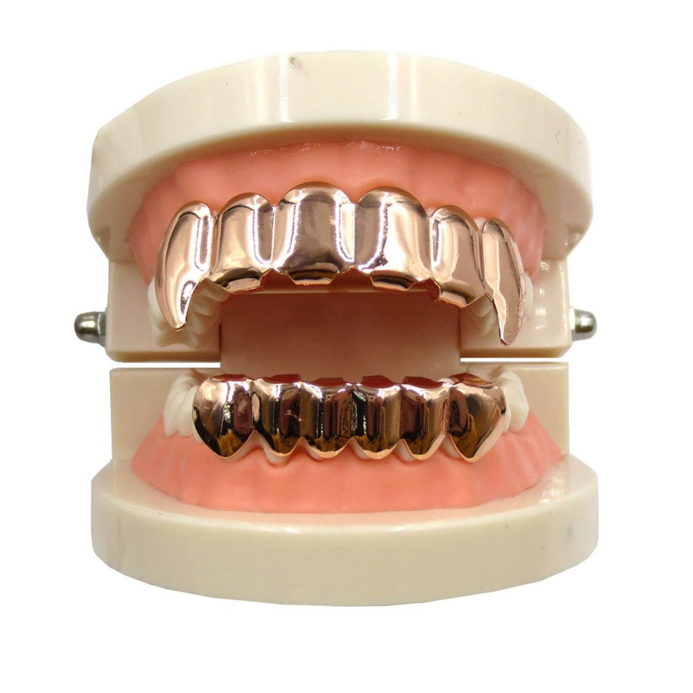TOPGRILLZ New Fit Rose Gold Color Plated Hip Hop Teeth Grillz Caps Top&Bottom Grill Set for Christmas Party Vampire Tooth Grillz