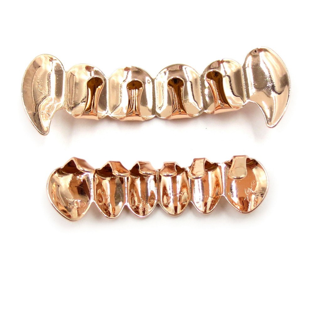 TOPGRILLZ New Fit Rose Gold Color Plated Hip Hop Teeth Grillz Caps Top&Bottom Grill Set for Christmas Party Vampire Tooth Grillz