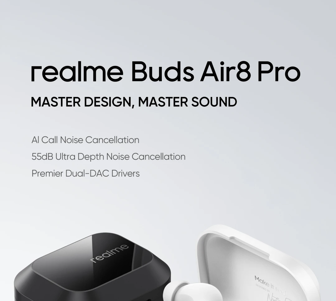TWS Earphones realme Air8 Pro True Wireless Earphone AI Call Noise Cancellation 55dB Noise Cancellation Premier Dual-DAC Driver