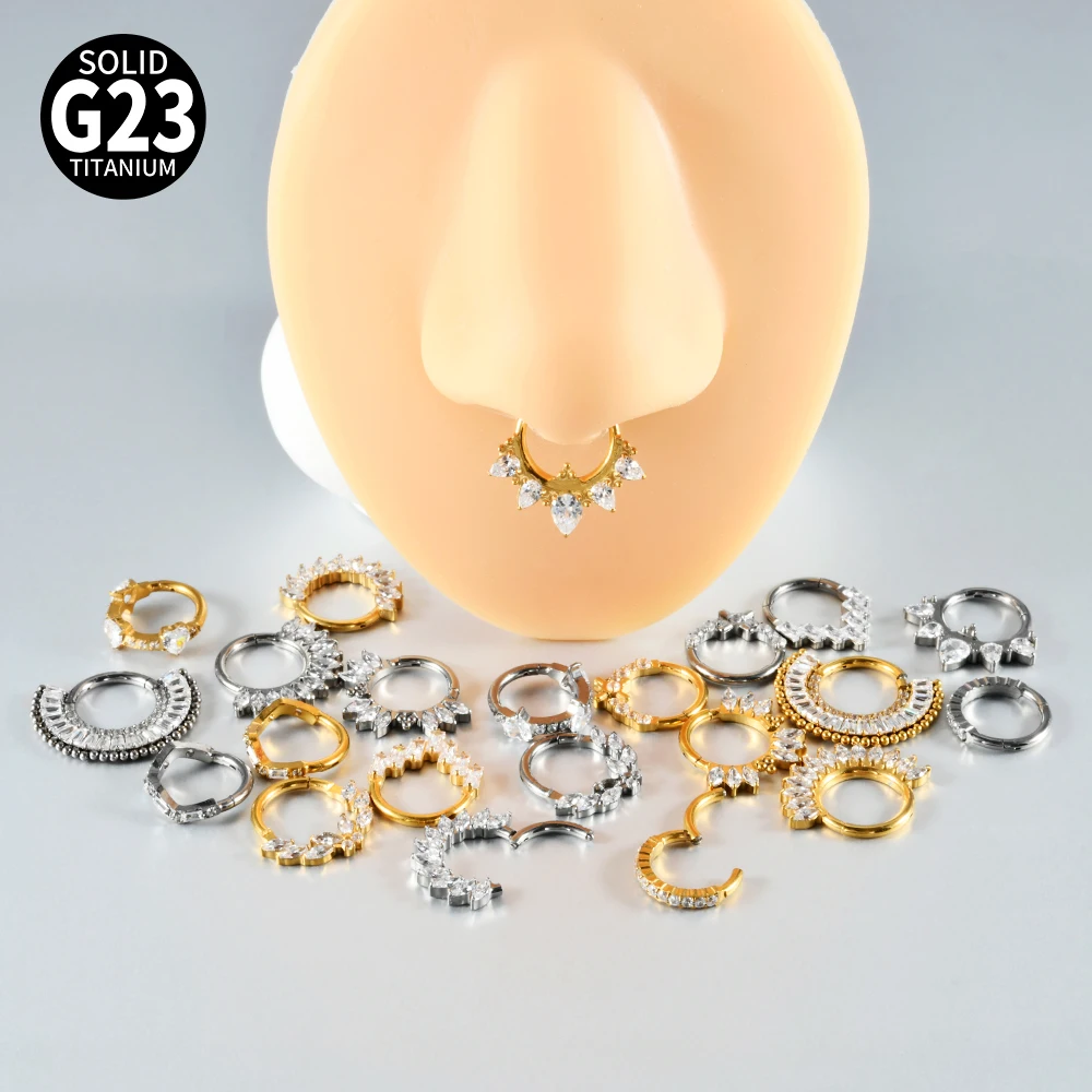 1PC G23 Titanium Hexagram Hinged Septum Clicker Nose Ring Various Zircon Cartilage Hoop Daith Helix Earring Piercing Jewelry 16G
