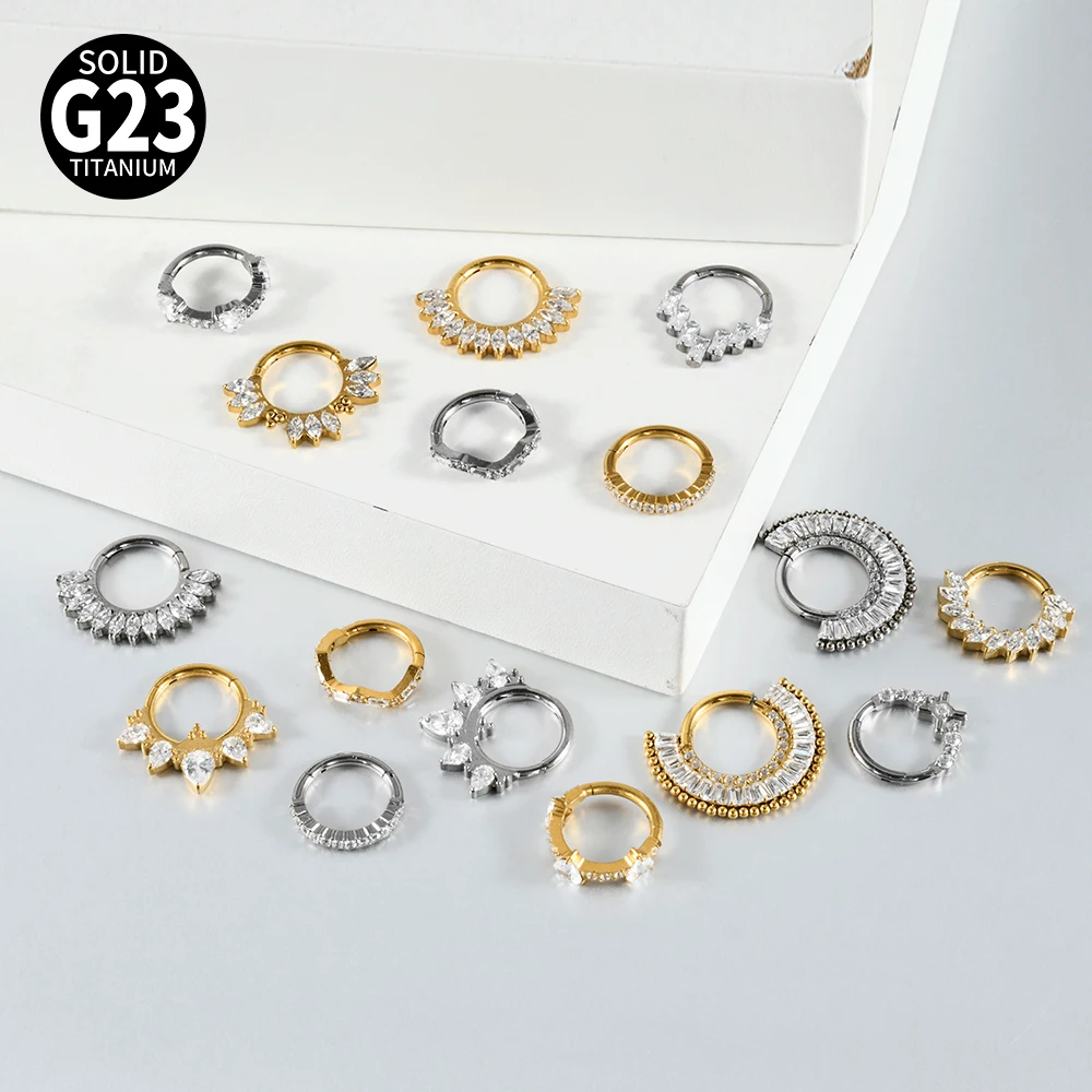 1PC G23 Titanium Hexagram Hinged Septum Clicker Nose Ring Various Zircon Cartilage Hoop Daith Helix Earring Piercing Jewelry 16G