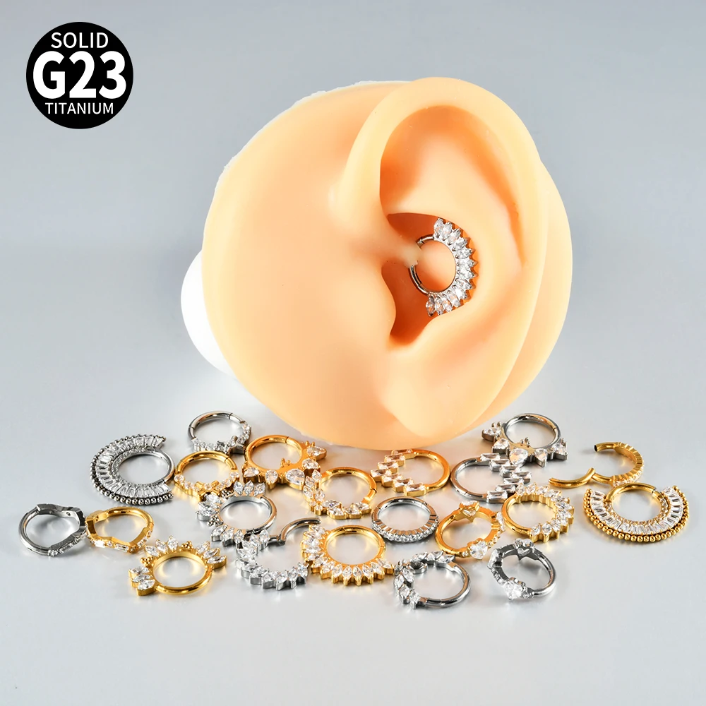 1PC G23 Titanium Hexagram Hinged Septum Clicker Nose Ring Various Zircon Cartilage Hoop Daith Helix Earring Piercing Jewelry 16G