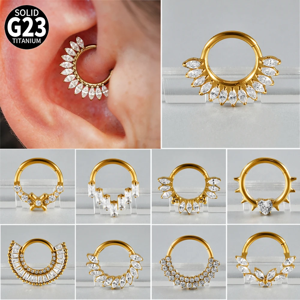 1PC G23 Titanium Hexagram Hinged Septum Clicker Nose Ring Various Zircon Cartilage Hoop Daith Helix Earring Piercing Jewelry 16G