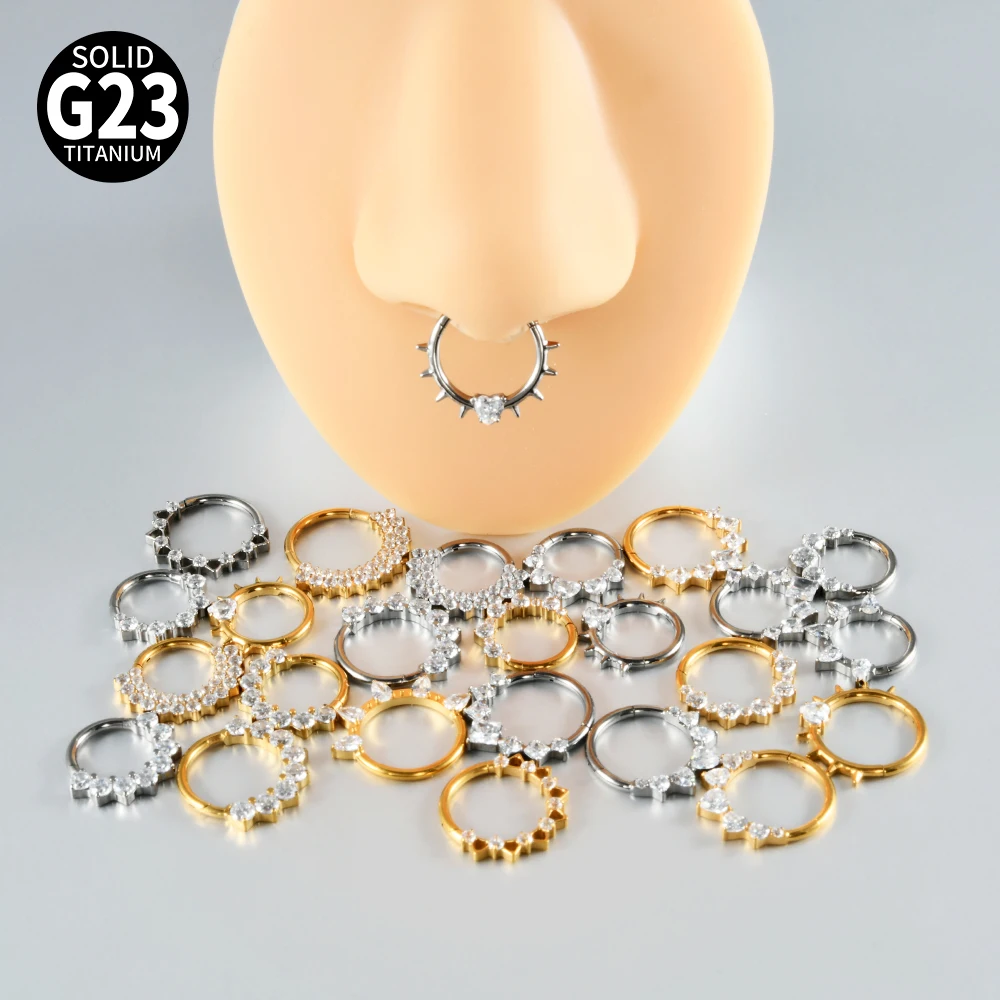 1PC G23 Titanium Hexagram Hinged Septum Clicker Nose Ring Various Zircon Cartilage Hoop Daith Helix Earring Piercing Jewelry 16G