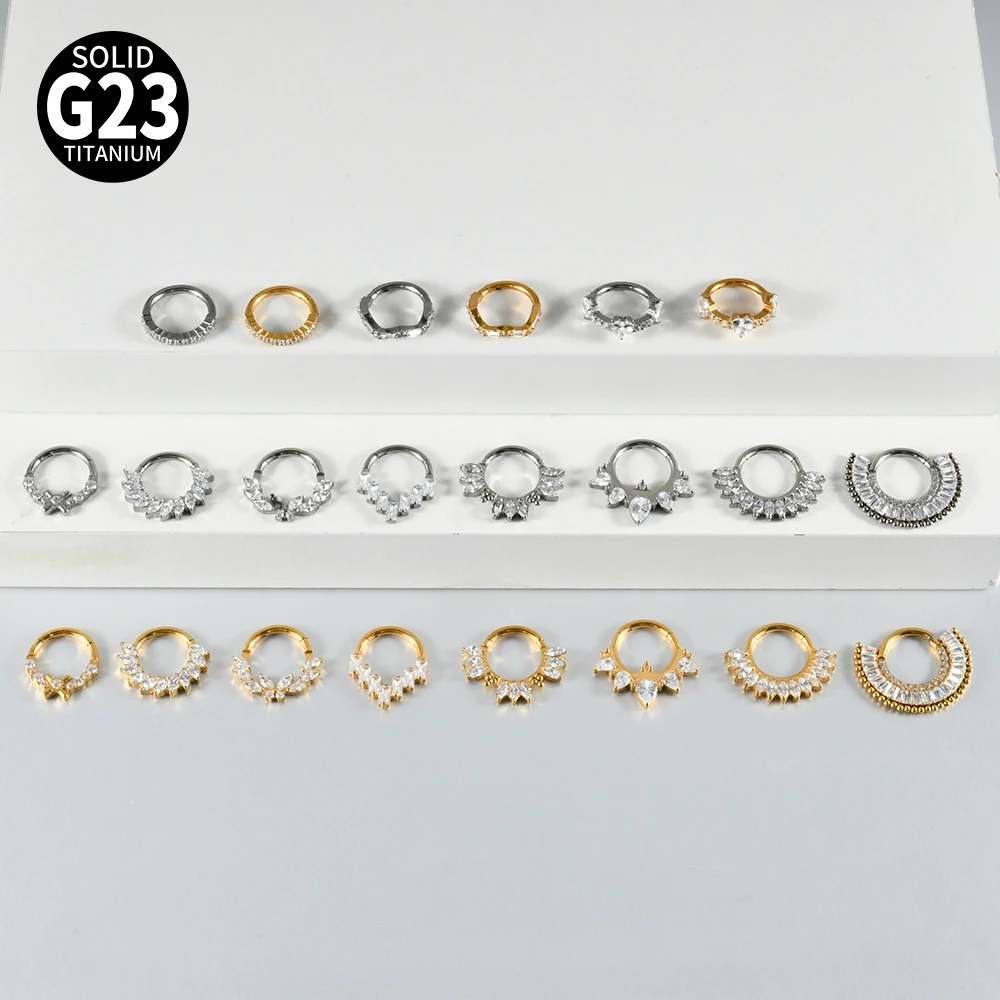 1PC G23 Titanium Hexagram Hinged Septum Clicker Nose Ring Various Zircon Cartilage Hoop Daith Helix Earring Piercing Jewelry 16G
