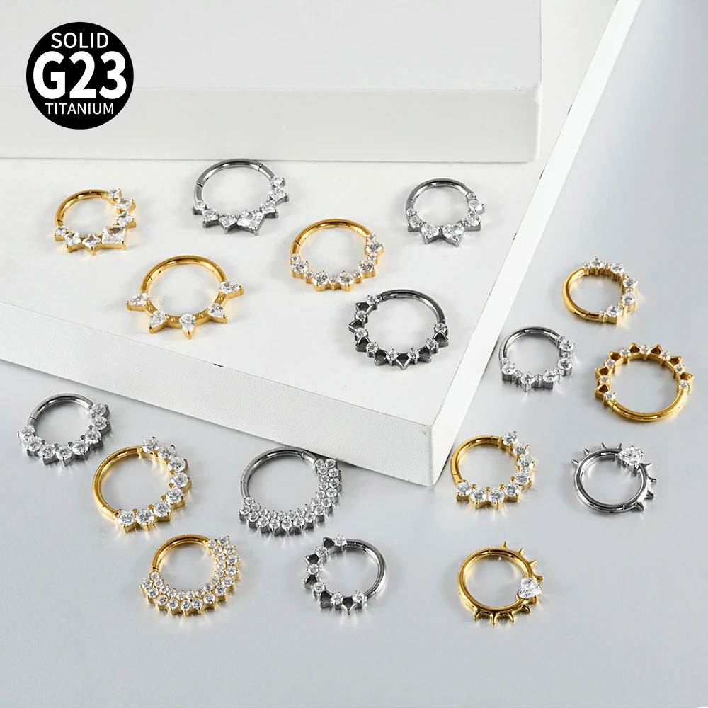 1PC G23 Titanium Hexagram Hinged Septum Clicker Nose Ring Various Zircon Cartilage Hoop Daith Helix Earring Piercing Jewelry 16G