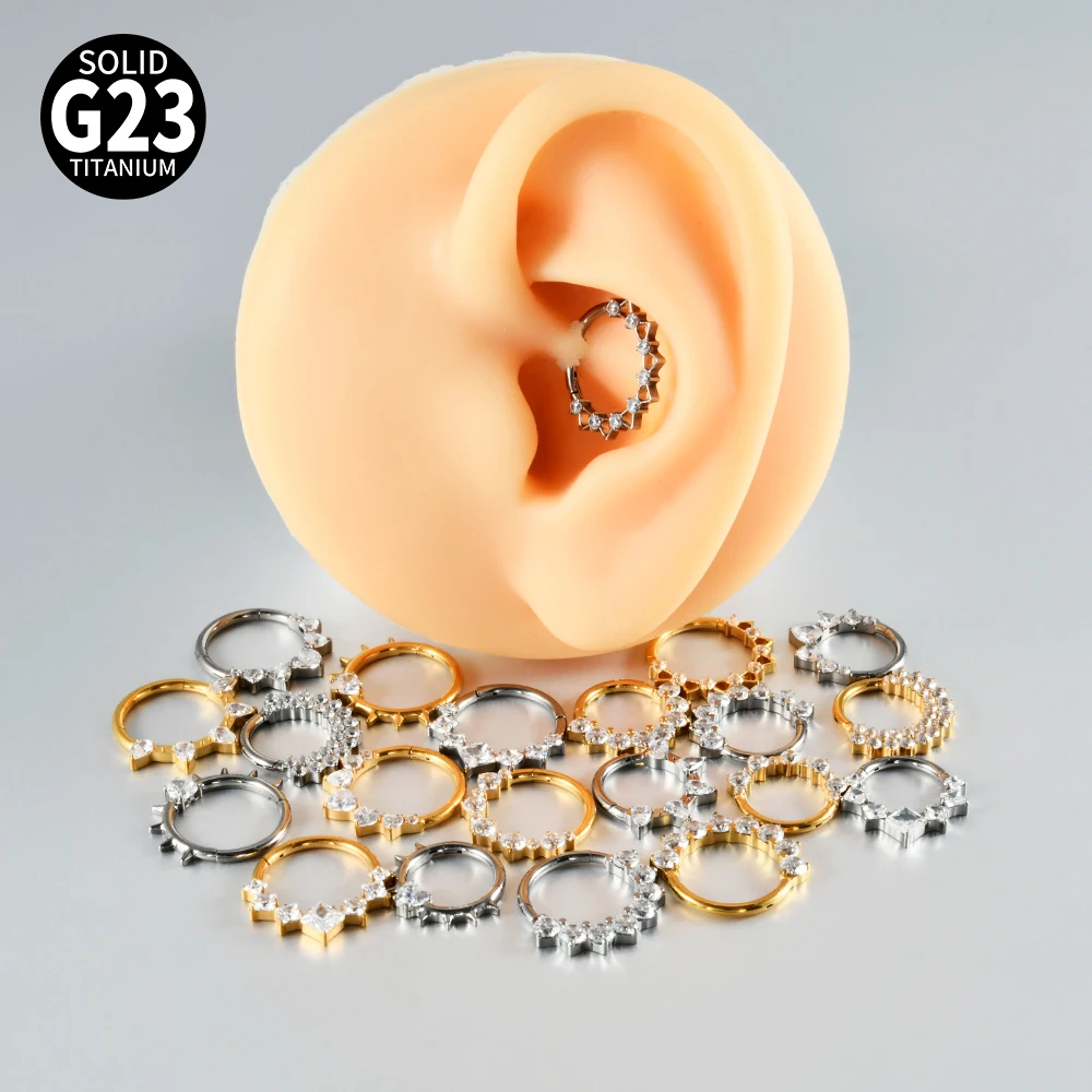 1PC G23 Titanium Hexagram Hinged Septum Clicker Nose Ring Various Zircon Cartilage Hoop Daith Helix Earring Piercing Jewelry 16G