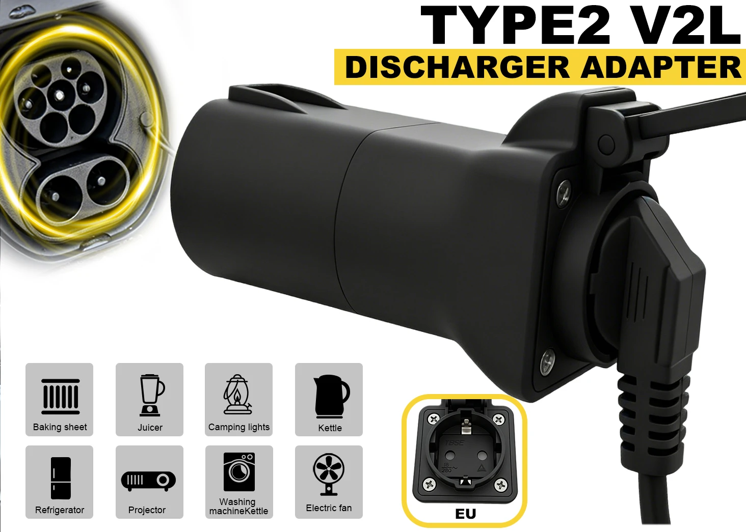 TYPE 2 Female to Schuko Universal Socket EV Discharge Adapter for BYD MG Geely Jaecoo ZEEKR XPENG Deepal Omoda V2L Power Output